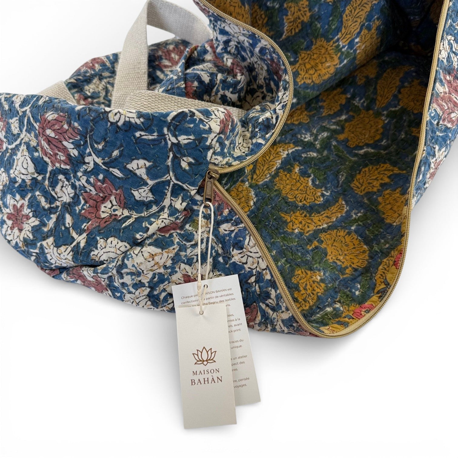 Sac week-end femme Kantha Bagru en coton artisanal vintage sac de voyage bohème Maison Bahan